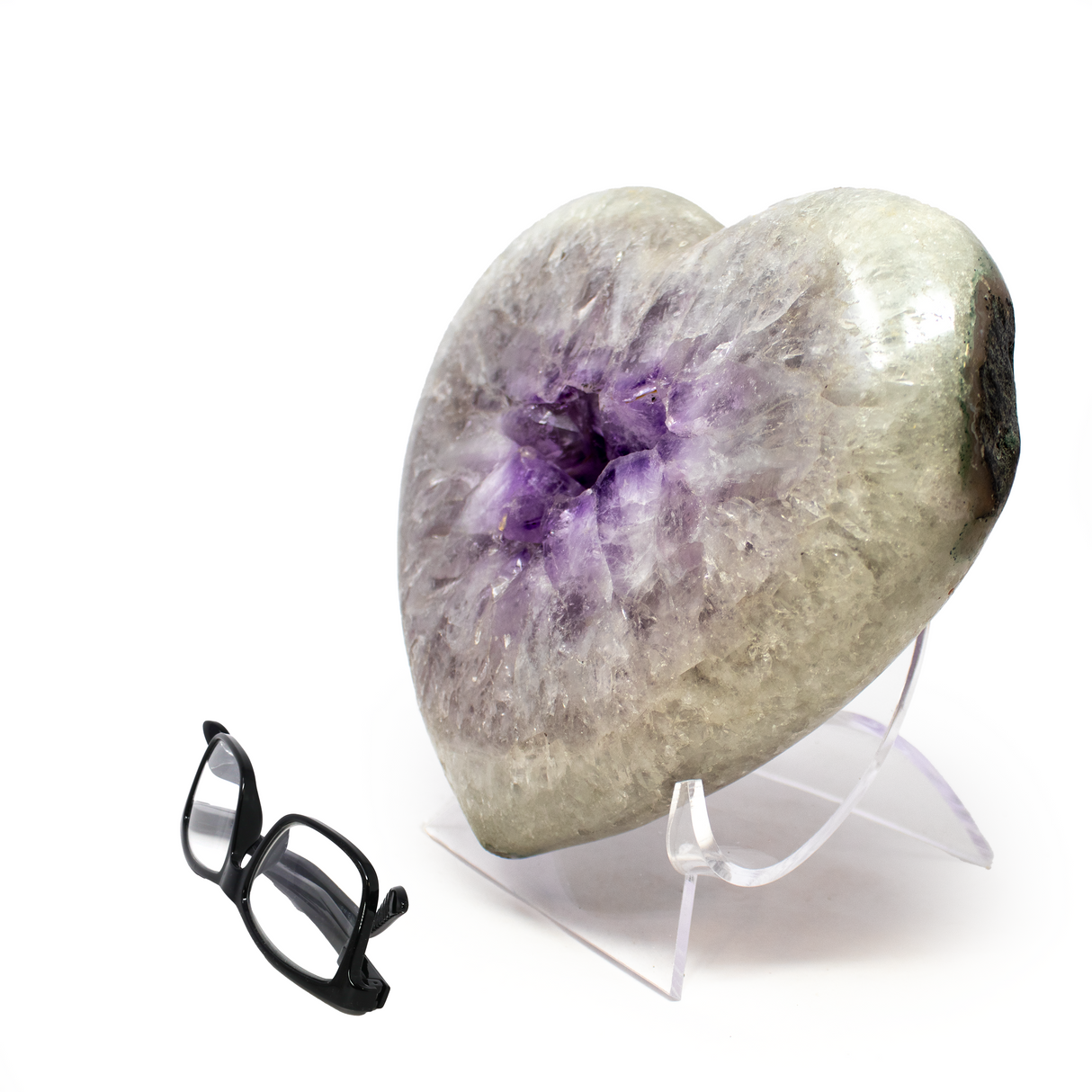 Polished Quartz Heart with Amethyst Crystal Center from Brazil on Lucite Stand