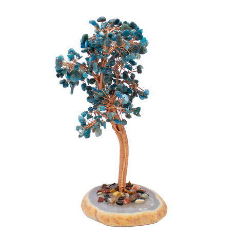 View of 8\" Blue Apatite Copper Wire Beaded Tree on Agate Slice Base - Large