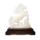 View of A++ White Onyx Horse Carving with Great Wall Feature on Carved Wooden Base from China