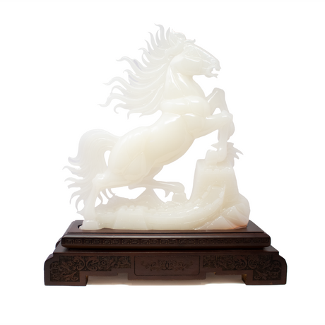 View of A++ White Onyx Horse Carving with Great Wall Feature on Carved Wooden Base from China