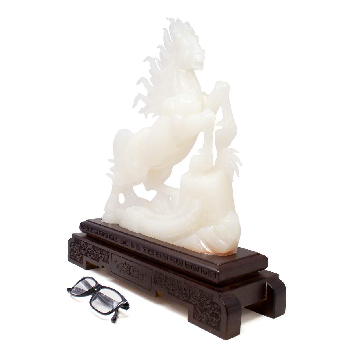 A++ White Onyx Horse Carving with Great Wall Feature on Carved Wooden Base from China