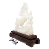 A++ White Onyx Horse Carving with Great Wall Feature on Carved Wooden Base from China