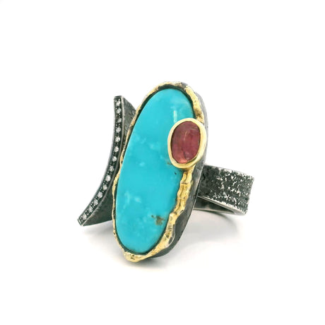 View of Arizona Turquoise Ring - Long Oval Cabochon & Faceted Pink Tourmaline Oval on Open Band with Curved Single Row Pave Diamonds & Dripped Gold Accents Bezel Set in 925 Sterling Silver sz8