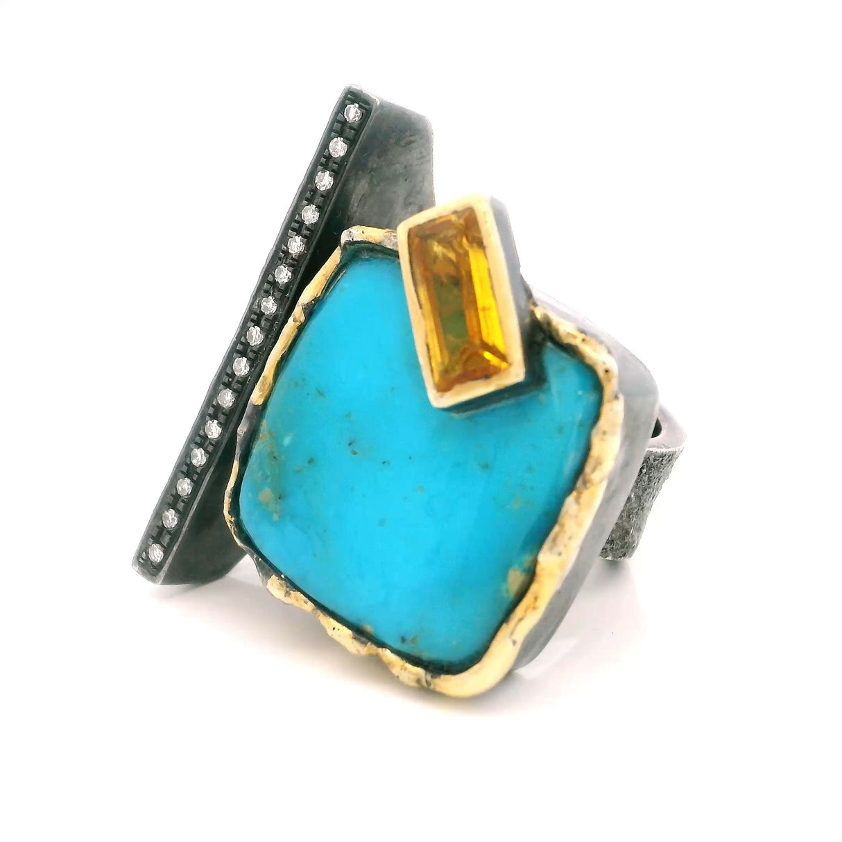 View of Arizona Turquoise Ring - Square Cabochon & Faceted Citrine Rectangle on Open Band with Single Row Pave Diamonds & Dripped Gold Accents Bezel Set in 925 Sterling Silver sz7