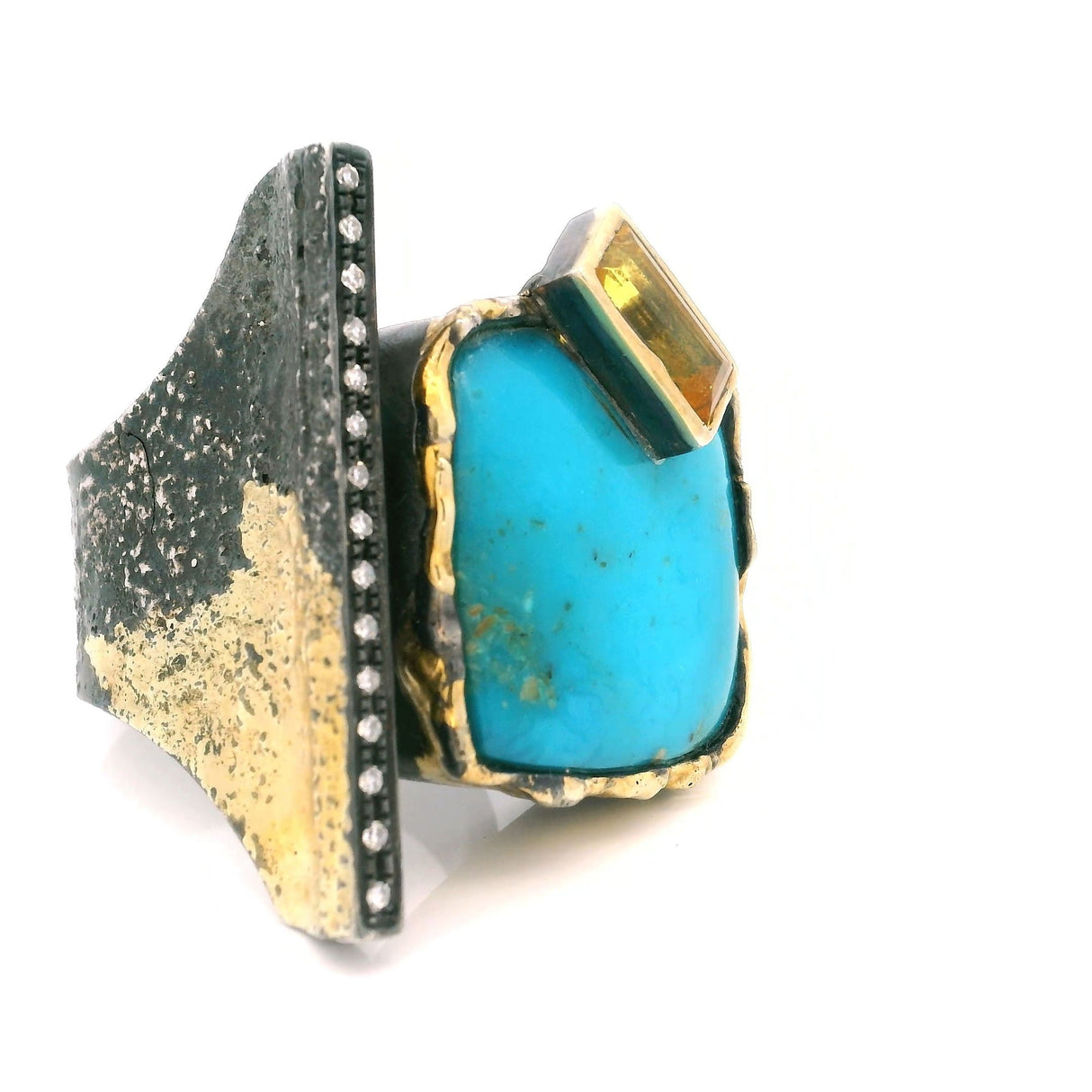 Arizona Turquoise Ring - Square Cabochon & Faceted Citrine Rectangle on Open Band with Single Row Pave Diamonds & Dripped Gold Accents Bezel Set in 925 Sterling Silver sz7