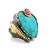 View of Arizona Turquoise Ring - Triangular Cabochon & Faceted Pink Tourmaline Round on Open Band with Single Row Pave Diamonds & Dripped Gold Accents Bezel Set in 925 Sterling Silver sz8.5