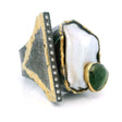 View of Keshi Pearl Ring - Keshi pearl & Faceted Green Tourmaline on Open Band with Single Row Pave Diamonds & Dripped Gold Triangular Accent Bezel Set in 925 Sterling Silver sz9.5