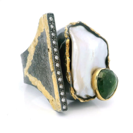 View of Keshi Pearl Ring - Keshi pearl & Faceted Green Tourmaline on Open Band with Single Row Pave Diamonds & Dripped Gold Triangular Accent Bezel Set in 925 Sterling Silver sz9.5