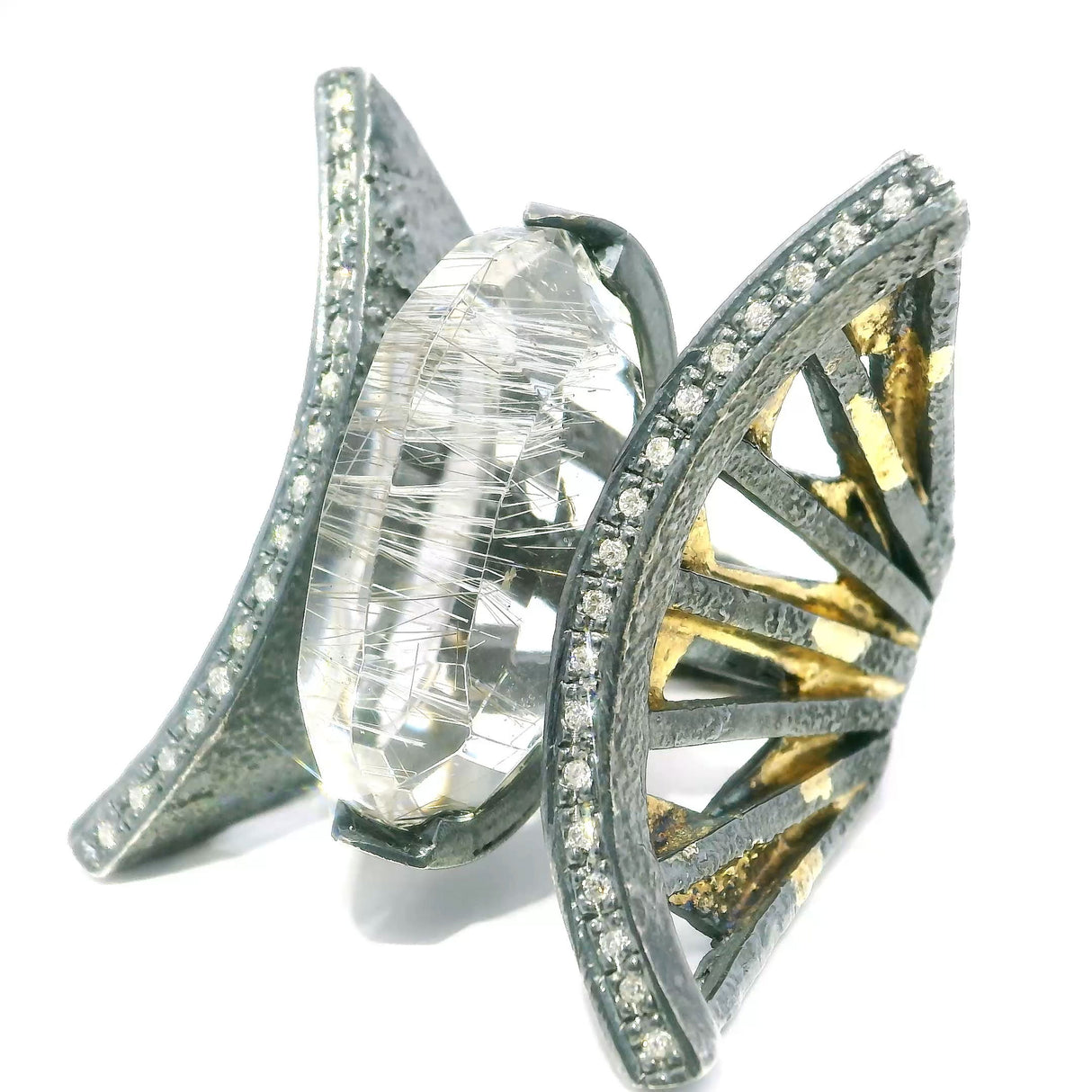 View of Rutilated Quartz Ring - Faceted Silver-Rutilated Quartz Oval Vertically set in Open Band Between 2 Curved Lines of Single Row Pave Diamonds with Dripped Gold Accents in 925 Sterling Silver sz8.5