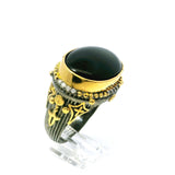 Black Onyx Ring - East-West Oval Cabochon & 16 Diamonds Bezel Set in 925 Sterling Silver with Gold Star & Bead Accents sz9.5