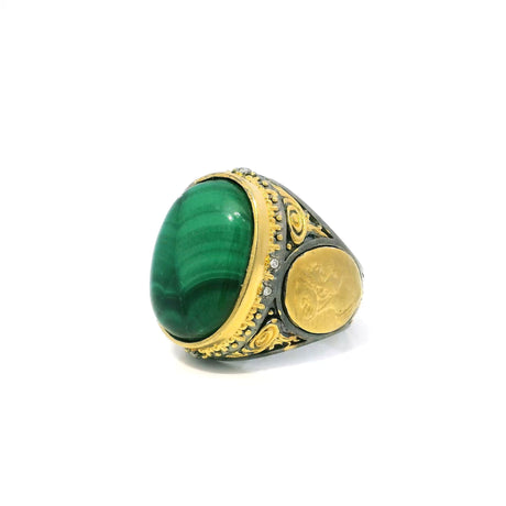 View of Malachite Ring - Oval Cabochon & 6 Diamonds with Gold Side Coin & Beaded Details Bezel Set in 925 Sterling Silver sz9