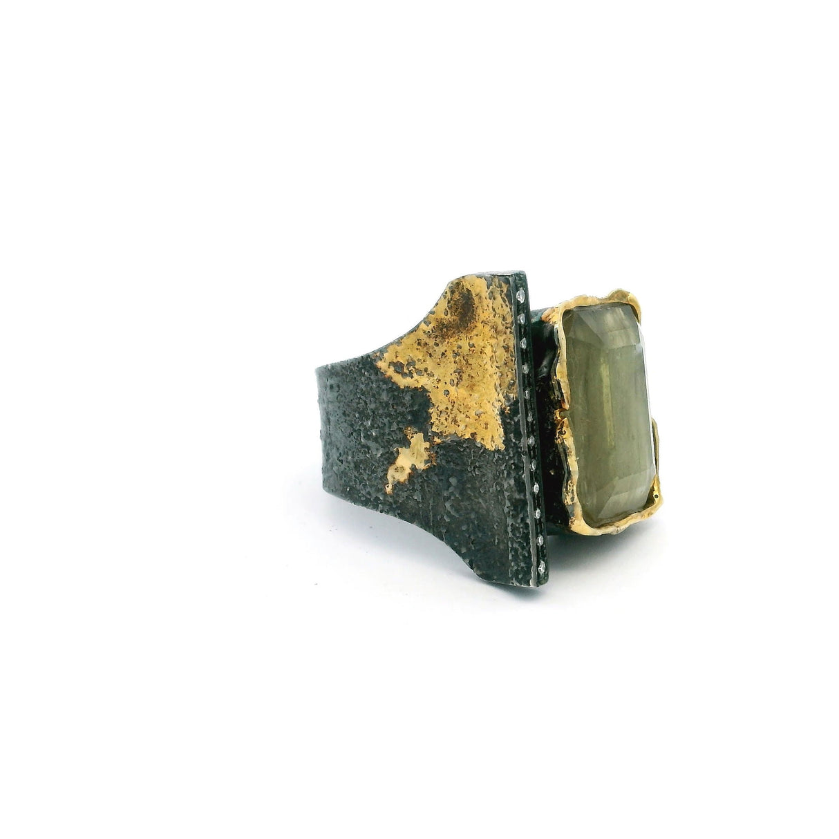 Zultanite Ring - Faceted Square on Open Band with Single Row Pave Diamonds & Dripped Gold Accents Bezel Set in 925 Sterling Silver sz7