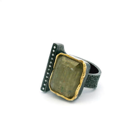 View of Zultanite Ring - Faceted Square on Open Band with Single Row Pave Diamonds & Dripped Gold Accents Bezel Set in 925 Sterling Silver sz7