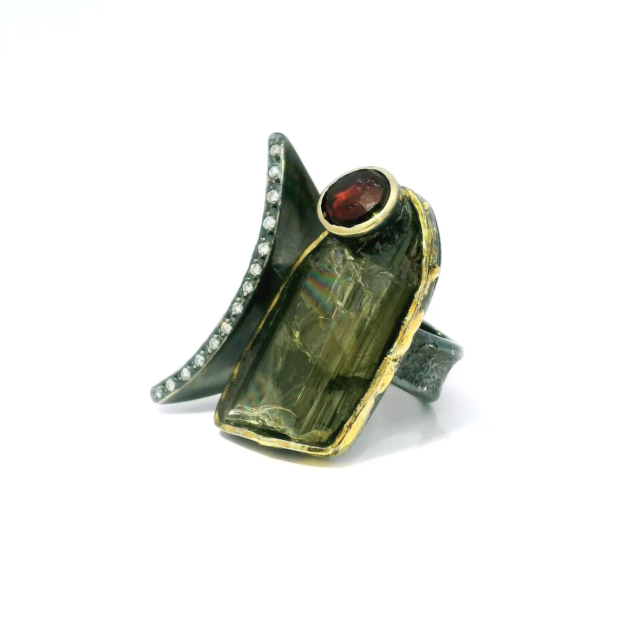 View of Zultanite Ring - Shield Freeform & Faceted Pink Tourmaline Round on Open Band with Single Row Pave Diamonds & Dripped Gold Accents Bezel Set in 925 Sterling Silver sz9