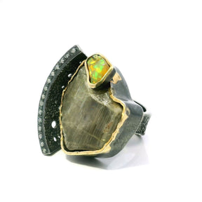 View of Zultanite Ring - Triangular Freeform & Freeform Ethiopian Opal on Open Band with Single Row Pave Diamonds & Dripped Gold Accents Bezel Set in 925 Sterling Silver sz7