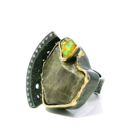 View of Zultanite Ring - Triangular Freeform & Freeform Ethiopian Opal on Open Band with Single Row Pave Diamonds & Dripped Gold Accents Bezel Set in 925 Sterling Silver sz7