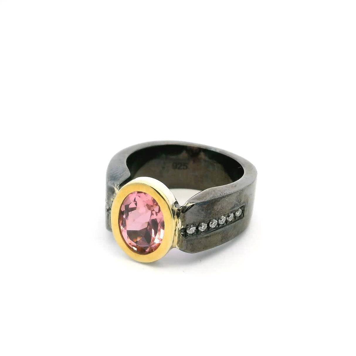 View of Cubic Zirconia Ring - Faceted Oval with Diamonds Down Both Sides of Band Bezel Set Flush in Oxidized Sterling Silver with Gold Accent sz8.5