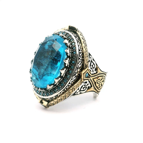 View of Blue Topaz Ring - Faceted Oval in Designer Sawtooth Setting with Single Row Pave Turquoise Nanostones in 925 Sterling Silver with Gold Vermeil Accents sz9