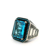 View of Blue Topaz Ring - Faceted Rectangle with Single Row Pave Turquoise Nanostones & Beaded Accents Prong Set in 925 Sterling Silver sz11