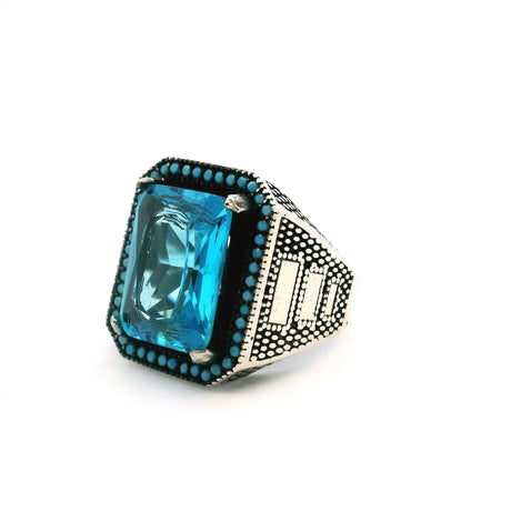 View of Blue Topaz Ring - Faceted Rectangle with Single Row Pave Turquoise Nanostones & Beaded Accents Prong Set in 925 Sterling Silver sz11