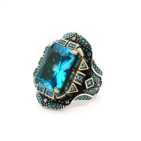 View of Blue Topaz Ring - Faceted Rectangle with Turquoise Nanostones & 2 Blue Topaz Squares Prong Set in 925 Sterling Silver with Gold Vermeil & Beaded Turquoise Accents sz11