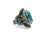 Blue Topaz Ring - Faceted Rectangle with Turquoise Nanostones & 2 Blue Topaz Squares Prong Set in 925 Sterling Silver with Gold Vermeil & Beaded Turquoise Accents sz11