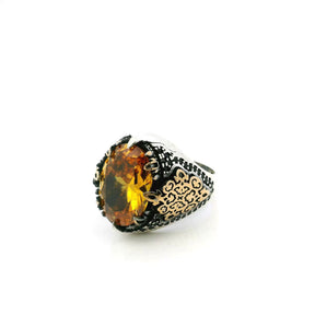 View of Citrine Ring - Faceted Oval in Designer Sawtooth Setting with Single Row Pave Black Nanostones in V-Pattern Down Band in 925 Sterling Silver with Ornate Gold Vermeil Accents sz11.5