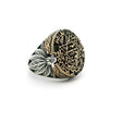 View of Sterling Silver Ring - Large Round Top with Star of David & Hebrew Writing with Side Leaf Details in 925 Sterling Silver with Gold Vermeil Accents sz11