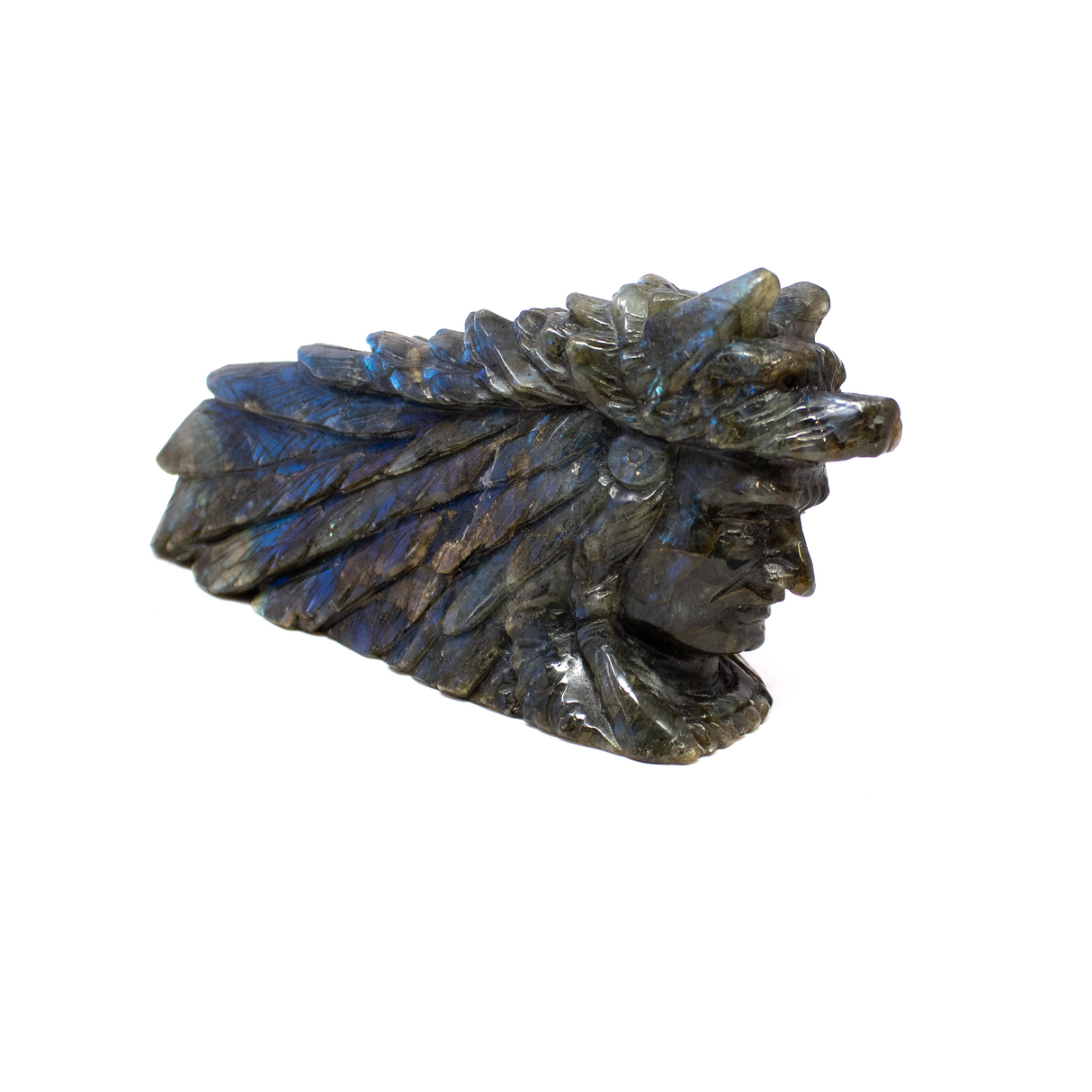 A+ Labradorite Indian with Wolf Carving