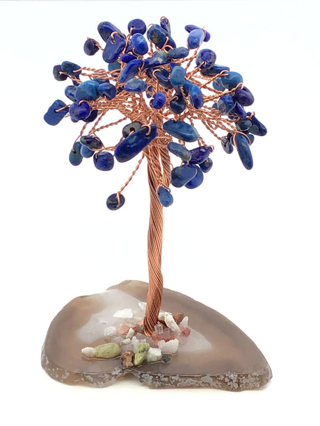 View of Lapis Lazuli Copper Wire Beaded Tree on Agate Base