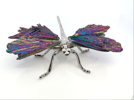 View of Rainbow Titanium Coated Kyanite Dragonfly with Metal Body - Medium Large
