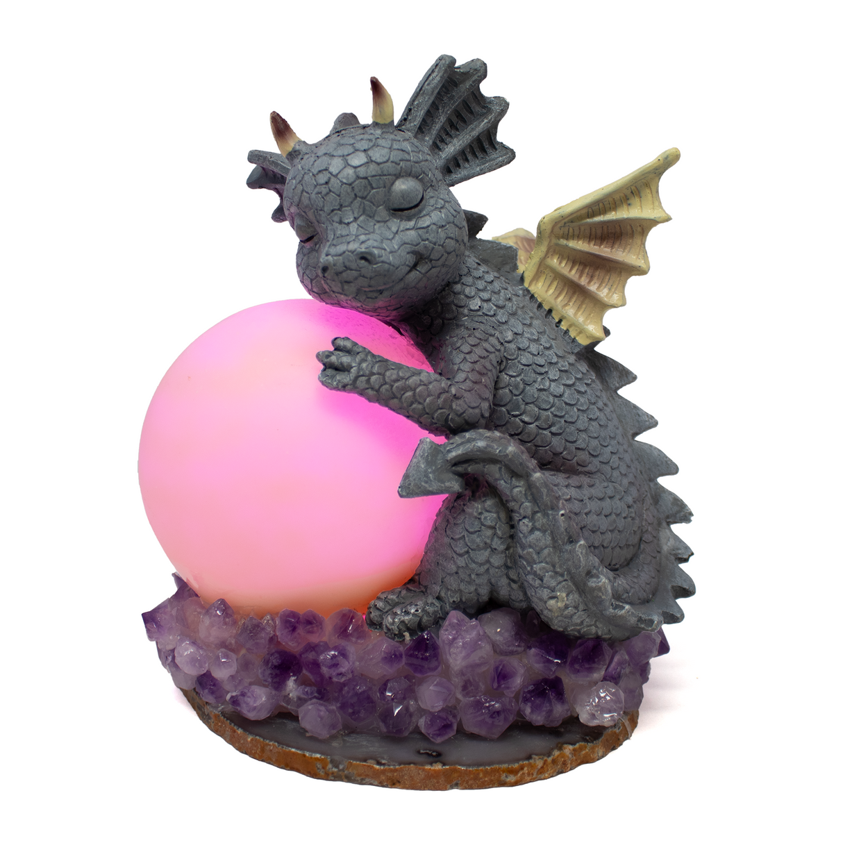 View of Clay Polymer Dragon w\/ Moon on Amethyst & Agate Base Table Light