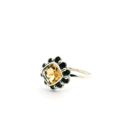 View of Citrine Ring - Faceted Square with Round Flower Design Bezel Set in 925 Sterling Silver sz10