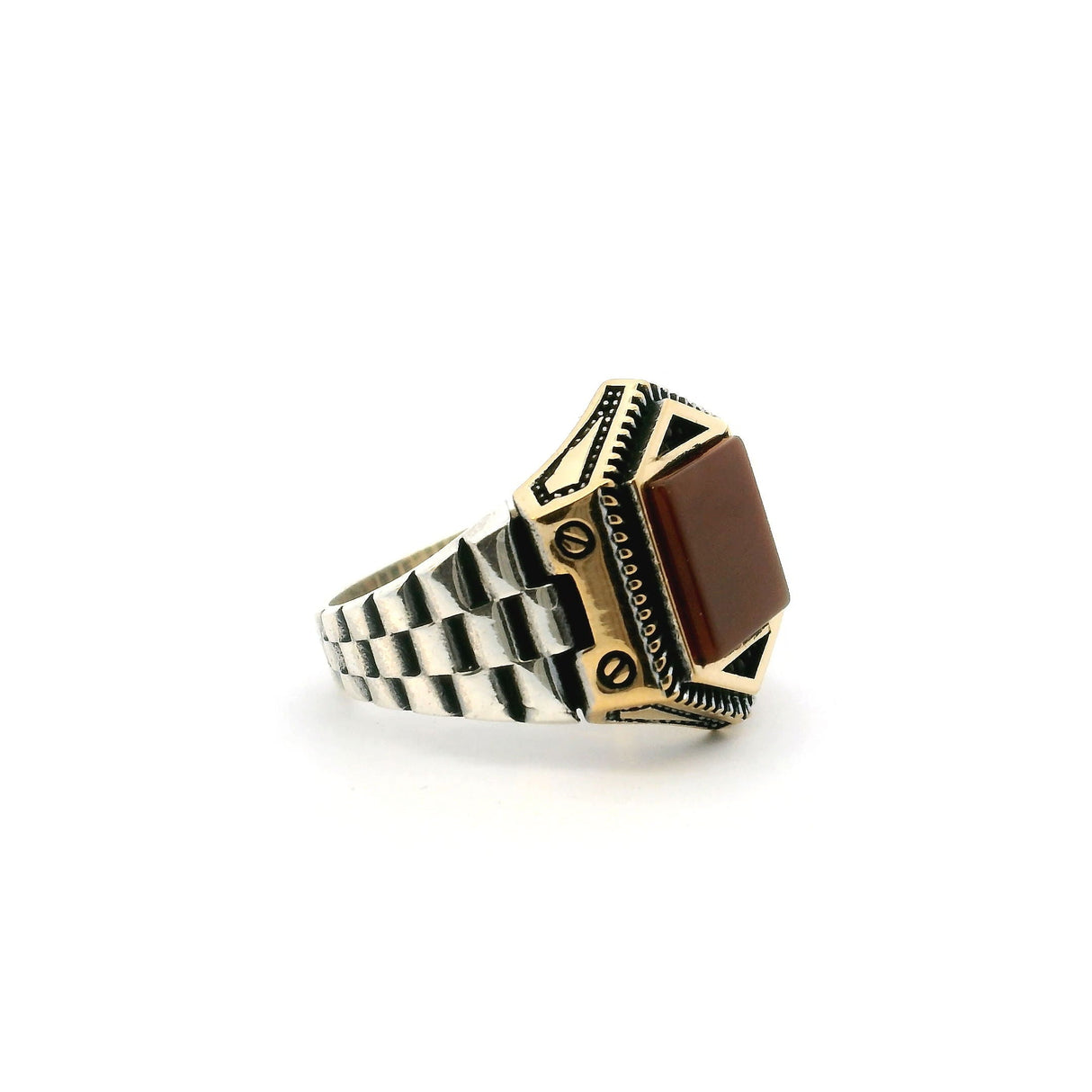 Carnelian Ring - Square Cabochon Bezel Set in Gold Vermeil Hexagonal Setting with 925 Sterling Silver Watch-Like Band sz10.5