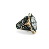 Quartz Ring - Faceted Oval Prong Set in Star Design with Single Row Pave Black Nanostones & Side Swirl & Bead Details in Gold Vermeil with 925 Sterling Silver sz10.75