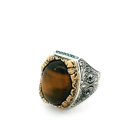 View of Tigers Eye Ring - Oval Cabochon with Single Row Pave Turquoise Nanostones on Top & Bottom Bezel Set in Fancy Gold Vermeil with 925 Sterling Silver sz12