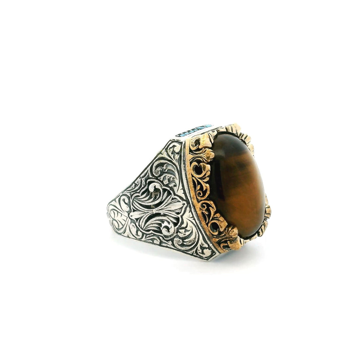 Tigers Eye Ring - Oval Cabochon with Single Row Pave Turquoise Nanostones on Top & Bottom Bezel Set in Fancy Gold Vermeil with 925 Sterling Silver sz12