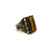 View of Tigers Eye Ring - Rectangle Pillow Cabochon in Designer Sawtooth Setting with 2 Faceted Black Side Pears & Scroll Details in Gold Vermeil with 925 Sterling Silver sz10.5