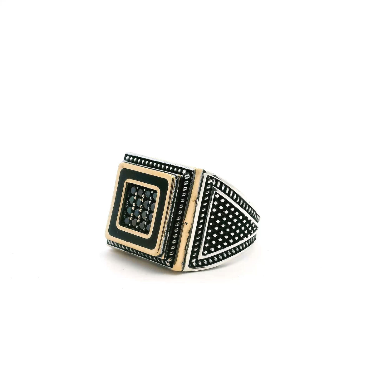 View of Black Onyx Ring - 16 Faceted Black Onyx Round Nanostones Set in Gold Vermeil Square with Rope Details in 925 Sterling Silver sz8.25