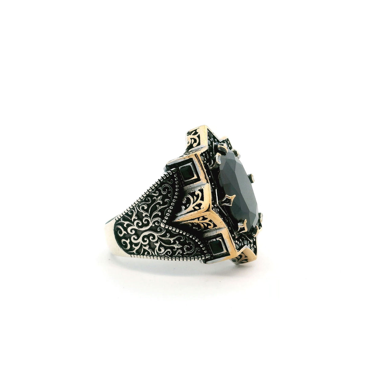 Black Onyx Ring - Faceted Oval Prong Set in Star Design with Single Row Pave Black Nanostones & Side Swirl & Bead Details in Gold Vermeil with 925 Sterling Silver sz11.5