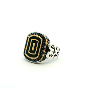 View of Black Onyx Ring - Rounded Rectangle Flat with Single Row Pave Black Nanostones Bezel Set with Gold Vermeil Accents & Braided Band in 925 Sterling Silver sz10