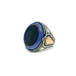 View of Blue Tigers Eye Ring - Oval Flat Bezel Set with Gold Vermeil Bead Details & Larger Blue Oval & Black Pave Nanostones on Band in 925 Sterling Silver sz8.25