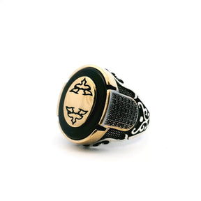 View of Black Onyx Ring - Flat Oval with Gold Vermeil Oval Accent Bezel Set in Gold Vermeil with Multiple Pave Black Nanostones on Sides in 925 Sterling Silver sz11