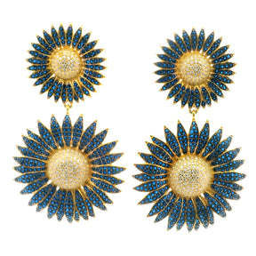 View of Sunflower Nanostone Dangle Earrings - Double Sunflowers with Blue & White Nanostones in Gold Vermeil over 925 Sterling Silver