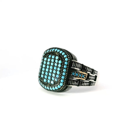 View of Turquoise Nanostone Ring - Multiple Turquoise Nanostones Surrounded by Single Row Pave Turquoise Nanostones with Gold Vermeil Accents in 925 Sterling Silver sz11