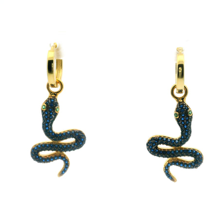 View of Swarovski Crystal Dangle Earrings - Blue Snake with Green Eyes in Gold Vermeil over 925 Sterling Silver