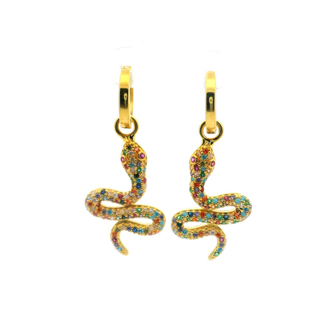 View of Swarovski Crystal Dangle Earrings - Multicolor Snake with Pink Eyes in Gold Vermeil over 925 Sterling Silver