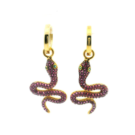 View of Swarovski Crystal Dangle Earrings - Pink Snake with Green Eyes in Gold Vermeil over 925 Sterling Silver