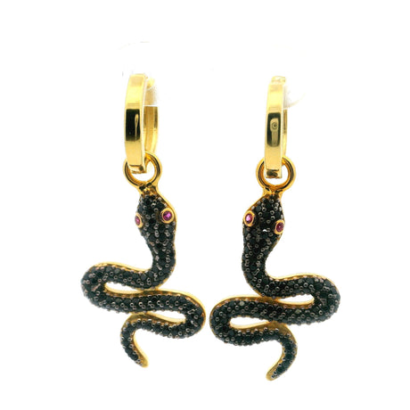View of Swarovski Crystal Dangle Earrings - Black Snake with Pink Eyes in Gold Vermeil over 925 Sterling Silver