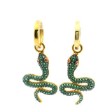 View of Swarovski Crystal Dangle Earrings - Green Snake with Pink Eyes in Gold Vermeil over 925 Sterling Silver